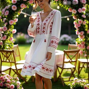 🌺 Boden Embroidered Boho Peasant Dress – White/Red/Pink – Size 4 (Like New!)